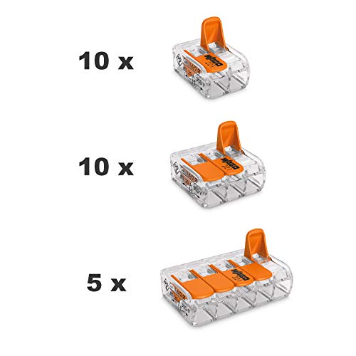 WAGO Serie 221 Compact, conectores para terminales eléctricas juego surtido de 25 piezas 10x 221-412, 10x 221-413, 5x 221-415 con intervisio 10 bridas de plástico para cables de 80 mm