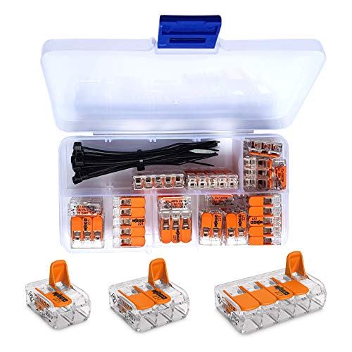 WAGO Serie 221 Compact, conectores para terminales eléctricas juego surtido de 25 piezas 10x 221-412, 10x 221-413, 5x 221-415 con intervisio 10 bridas de plástico para cables de 80 mm