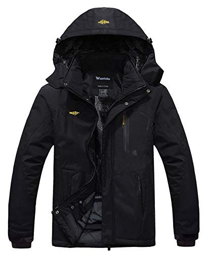 Wantdo Chaqueta de Esquí de Montaña para Hombre Abrigo de Invierno Impermeable con Capucha Cazadora de Snowboard Cálida Chaqueta al Aire Libre Antiviento Hombres Negro-N M