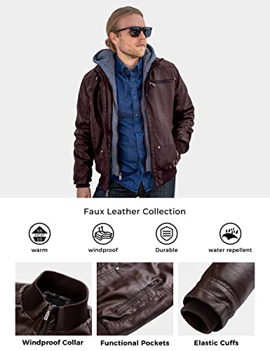 Wantdo Chaqueta de Piel Sintética para Hombre Abrigo Cálido Antiviento Chaqueta de PU Múltiples Bolsillos Retro para Motocicleta Chaqueta de Textura Mate Capucha Desmontable Hombre CaféGruesa XXL