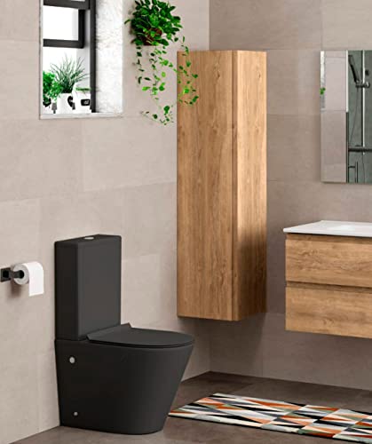 Wc Inodoro Completo Redondo Blanco Mate | Inodoro Tanque Bajo con Cisterna y Asiento Extrafino de color Negro | Wc de Diseño Moderno Adosado a Pared con Salida Dual y Sistema Rimless