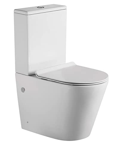 Wc Inodoro Completo Redondo Blanco Mate | Inodoro Tanque Bajo con Cisterna y Asiento Extrafino de color Negro | Wc de Diseño Moderno Adosado a Pared con Salida Dual y Sistema Rimless