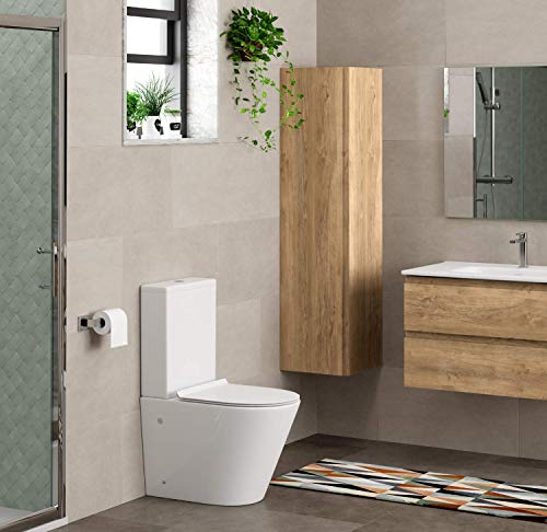 Wc Inodoro Completo Redondo | Inodoro Tanque Bajo con Cisterna y Asiento Extrafino | Adosado a Pared con Salida Dual y Sistema Rimless