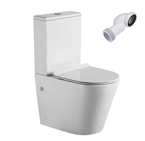 Wc Inodoro Completo Redondo | Inodoro Tanque Bajo con Cisterna y Asiento Extrafino | Adosado a Pared con Salida Dual y Sistema Rimless