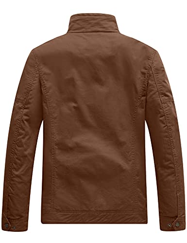 WenVen Chaqueta de Algodón Casual Chaqueta Cuello Alto Sahariana Chaqueta Tres Cuartos Multibolsillos Chaqueta Informal con Botón Hombre Marrón Small