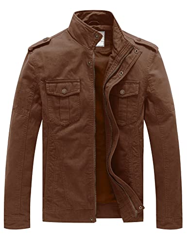 WenVen Chaqueta de Algodón Casual Chaqueta Cuello Alto Sahariana Chaqueta Tres Cuartos Multibolsillos Chaqueta Informal con Botón Hombre Marrón Small