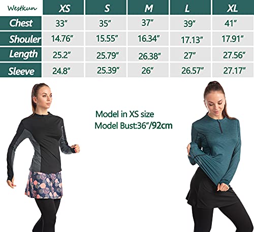 Westkun Camiseta de Manga Larga para Mujer Sudadera de Half Zip Deporte Chaqueta Yoga Casual Corriendo Pull-Over Tops con Agujeros para los Pulgares(Negro-Sin Bolsillo,L)