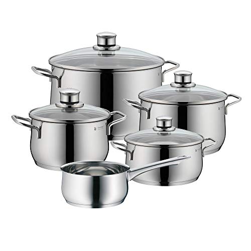 WMF Diadem Plus - Batería de cocina de 5 piezas de acero inoxidable, base inducción - 1 cacerola baja de 20cm , 3 cacerolas altas 16, 20, 24cm con tapa y 1 cazo de 16cm