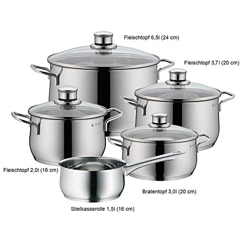 WMF Diadem Plus - Batería de cocina de 5 piezas de acero inoxidable, base inducción - 1 cacerola baja de 20cm , 3 cacerolas altas 16, 20, 24cm con tapa y 1 cazo de 16cm