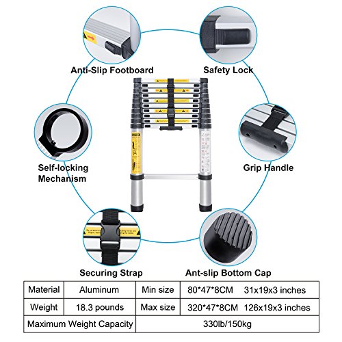 WolfWise Escalera telescópica, Extensión telescópica de Aluminio Escalera multifunción (3,2M)