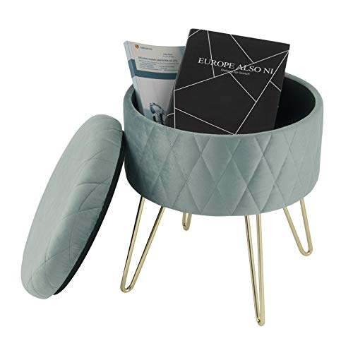 WOLTU Puff Asiento Almacenaje Terciopelo Redondo/Otomana Taburete Sofá Dormitorio Habitacion con Tapa Caja de Almacenamiento 31,5 x35cm Turquesa SH63ts