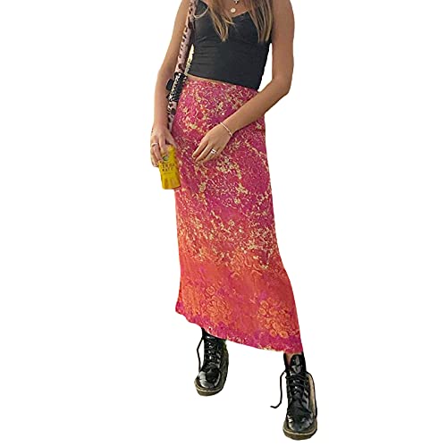 Women Y2K Style Boho Floral Printed High-Waist Long Skirts Casual Summer Skirts Dress for Ladies (Orange Red, X-Large)