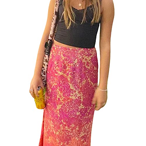 Women Y2K Style Boho Floral Printed High-Waist Long Skirts Casual Summer Skirts Dress for Ladies (Orange Red, X-Large)