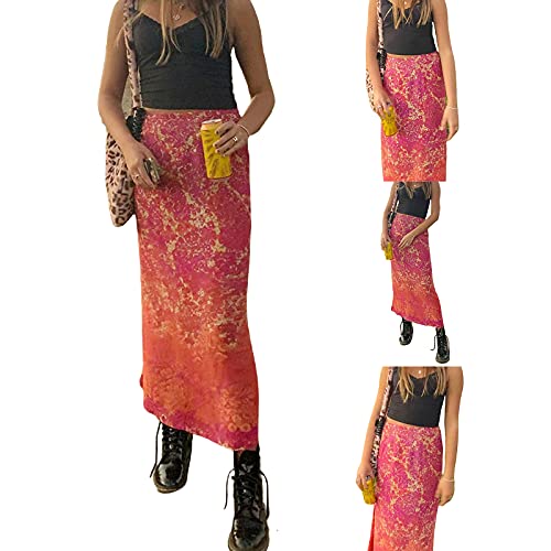 Women Y2K Style Boho Floral Printed High-Waist Long Skirts Casual Summer Skirts Dress for Ladies (Orange Red, X-Large)