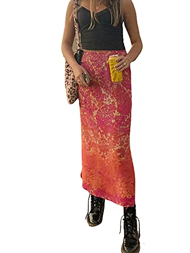 Women Y2K Style Boho Floral Printed High-Waist Long Skirts Casual Summer Skirts Dress for Ladies (Orange Red, X-Large)