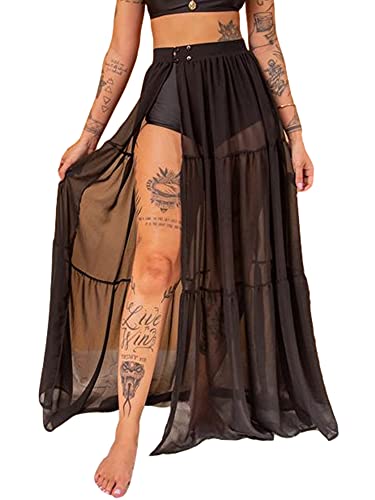 Women's See-Through High Waist Maxi Long Skirt Summer Ladies Solid Color Chiffon Split Skirts (Black, Medium)