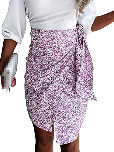 Womens Skirts Summer Floral Print Waist Tie Up Irregular A Line Flared Short Skirt (Pink, X-Large)