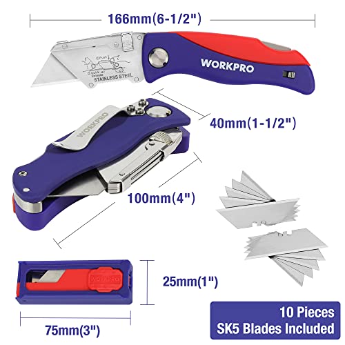 WORKPRO Cúter Plegable de Cambio Rápido,Cuchillo Plegable de Bolsillo con 10 Cuchillas de Recambio, con Almacenamiento de Hoja y Clip para Cinturón