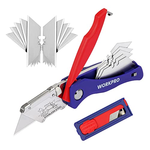 WORKPRO Cúter Plegable de Cambio Rápido,Cuchillo Plegable de Bolsillo con 10 Cuchillas de Recambio, con Almacenamiento de Hoja y Clip para Cinturón