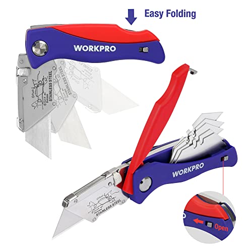 WORKPRO Cúter Plegable de Cambio Rápido,Cuchillo Plegable de Bolsillo con 10 Cuchillas de Recambio, con Almacenamiento de Hoja y Clip para Cinturón