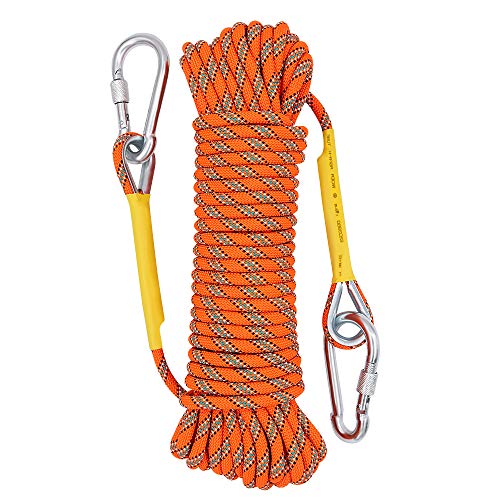 X XNEN Cuerda de Tejiendo 8mm - Cuerda de Seguridad con 2 Mosquetón，para Escalar al Aire Libre y en Interiore Perfessional Rappelling Auxiliar Rescate de Montañismo (10M, Anaranjado)