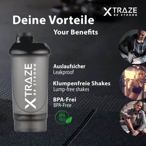 XTRAZE® Botella Mezcladora de Proteínas de 500 ml, Compartimiento para Polvo de 150 ml, Shaker sin BPA, Vaso de Ejercicios a Prueba de Derrames con Balanza, Tamiz para Batidos de Proteina sin Grumos