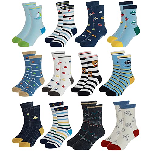 Yafane 12 Pares de Calcetines Antideslizantes para Niños Pequeños Algodón Lindo con Puños Calcetines Antideslizantes para Bebés (Color B, 1-3 años)