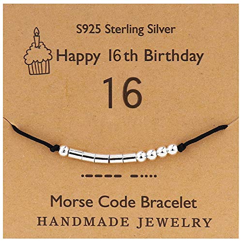 YooAi Morse Code Pulsera Regalos de Feliz cumpleaños para niñas Niños Pulsera de Plata esterlina Joyas de Regalo de cumpleaños para 16 años Cuentas en cordón de Seda 16