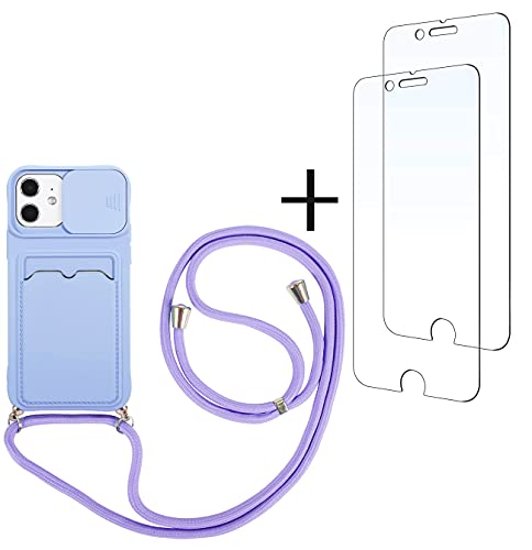 youmehe Funda con Cuerda para iPhone 11+2 Pack Protector Pantalla,Cubierta de Cámara Deslizante Proteger,TPU Silicona Case con Ranura para Tarjetas,Antigolpes Case(Púrpura)