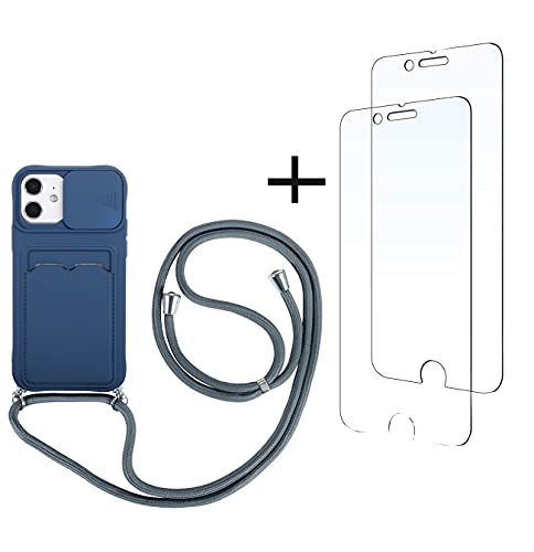 youmehe Funda con Cuerda para iPhone 12 Mini+2 Pack Protector Pantalla,Cubierta de Cámara Deslizante Proteger,TPU Silicona Case con Ranura para Tarjetas,Antigolpes Case(Azul)