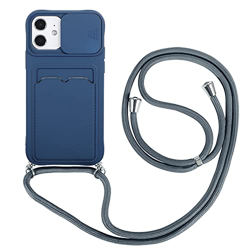 youmehe Funda con Cuerda para iPhone 12 Mini+2 Pack Protector Pantalla,Cubierta de Cámara Deslizante Proteger,TPU Silicona Case con Ranura para Tarjetas,Antigolpes Case(Azul)