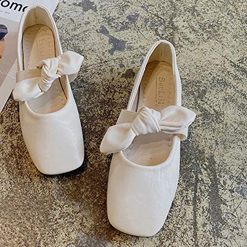 YYCHER Mary Jane - Zapatos clásicos para niñas y mujeres, mocasines de punta cuadrada y poco profunda, cómodos zapatos de corte con nudo de lazo (color: beige, talla 5 UK)