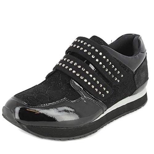 Zapato Casual Mujer DOCTOR CUTILLAS,en Tejido Combi Charol Negro,Cierre Velcro.Mod.13910 (Negro, Numeric_38)