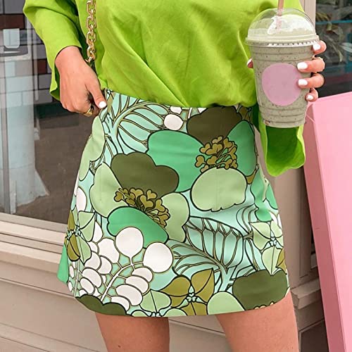 ZKRZ Floral Mini Skirts Y2K Vintage Elegant Short Skirts Women High Waisted Skirts Harajuku Fashion Streetwear Summer Skirt,Verde,S