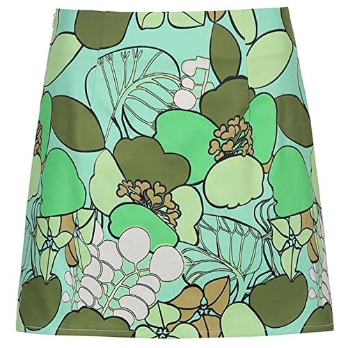 ZKRZ Floral Mini Skirts Y2K Vintage Elegant Short Skirts Women High Waisted Skirts Harajuku Fashion Streetwear Summer Skirt,Verde,S