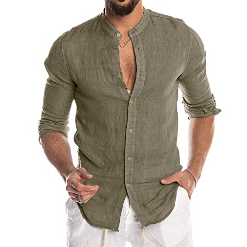 ZODOF Camisas Hombre Casual Cuello Redondo Botón Lino Slim fit Sólido Playa Manga Larga Tops Blusa Camisa Verano Hombre(M,Ejercito Verde)