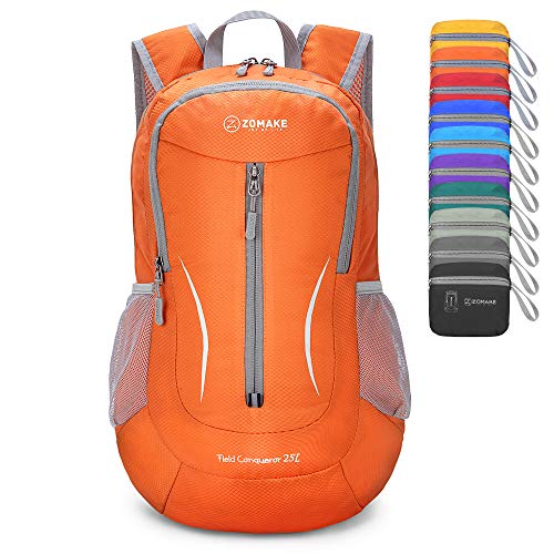 ZOMAKE Mochila Plegable Ligera 25L, Mochilas Pequeñas Compacta para Hombre, Mujer, Viajar, Senderismo, Al Aire Libre(Naranja)