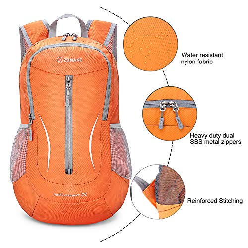 ZOMAKE Mochila Plegable Ligera 25L, Mochilas Pequeñas Compacta para Hombre, Mujer, Viajar, Senderismo, Al Aire Libre(Naranja)