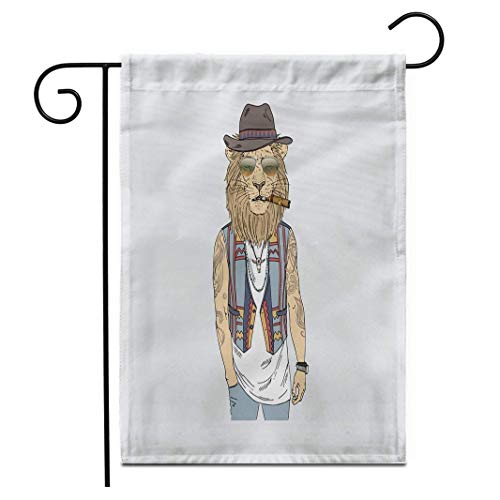 12.5 'x 18' Bandera de jardín Hipster Lion Vestida con Boho Furry Animals Antropomórficos Banderas Decorativas de Patio de casa de Doble Cara al Aire Libre