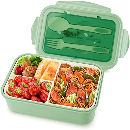 1400ml Caja de Almuerzo de Plástico Verde,Caja de Bento con 3 Compartimentos y Cubiertos (Tenedor y Cuchara), adecuada para hornos de microondas y lavavajillas, salud duradera (Verde)