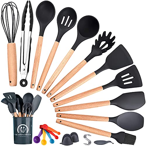 33 Piezas de Utensilios de Cocina de Silicona,juego de Utensilios de Cocina de Silicona Resistente al Calor,Antiadherente y Resistente a los Arañazos,Con Mango de Silicona Para Alimentos,sin BPA-negro