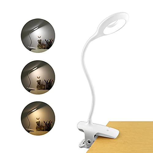 3W Luz Lectura Cabecero Recargable sin Cable, 28 LEDs, Mini Flexo LED Luz Noche Pinza Niño, 3 Colores y 3 Intensidad, Luz Escritorio Pequeña Táctil con Pilas, Luz Alimentación Portatil, Blanco