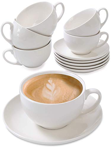 6 Tazas de Capuchino de Ceramica Blanca - Con Platos - 180ml - Con Caja de Regalo - Aptas para Lavavajillas y Microondas