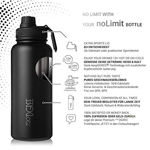 720°DGREE Botella Agua Termo Acero Inoxidable “noLimit“ – 950ml - Sin BPA Free, Antigoteo y Prueba de Fugas - Frasco térmico, Cantimplora Aislada Bebida Caliente Frío con Gas +Cubierta Deporte Gratis