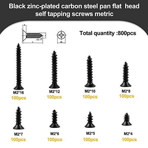 800Pcs Tornillos Autorroscantes, Tornillos Cruzados Galvanizados, Tornillos para Madera en General Negros, Juego Tornillo Punta Broca Redondos de Acero al Carbono con Caja de Almacenamiento(8Tamaños）