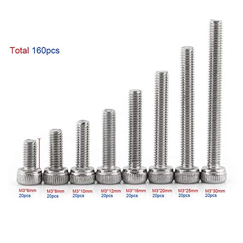Akozon 160 piezas 304 tornillos de cabeza hexagonal de rosca métrica de acero inoxidable con caja de almacenamiento, M3 x 6/8/10/12/16/20/25/30 mm