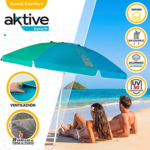 Aktive 62221 - Sombrilla de playa grande, Ø200 cm, sombrilla resistente al viento, protección UV 50, multicolor, mástil 28-32 mm, mástil flexible, incluye bolsa de transporte, Aktive Beach