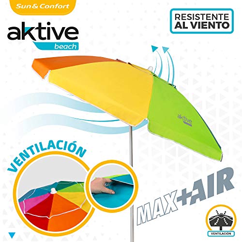 Aktive 62221 - Sombrilla de playa grande, Ø200 cm, sombrilla resistente al viento, protección UV 50, multicolor, mástil 28-32 mm, mástil flexible, incluye bolsa de transporte, Aktive Beach