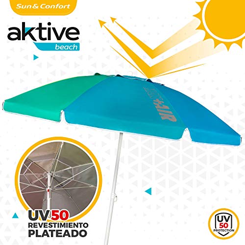 Aktive 62221 - Sombrilla de playa grande, Ø200 cm, sombrilla resistente al viento, protección UV 50, multicolor, mástil 28-32 mm, mástil flexible, incluye bolsa de transporte, Aktive Beach