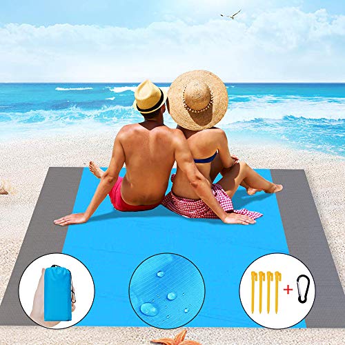 Alfombra de Playa Portátil Manta de Picnic Impermeable, Ligera Estera de Playa Plegable Anti-Arena con Estaca Fijo y Mosquetón para Playa, Picnic, Parque, Senderismo, Acampa, 210*200cm, Azul y Gris